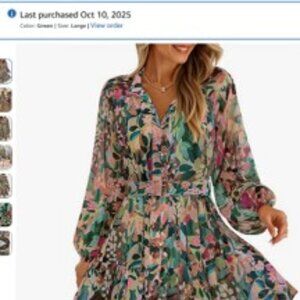 ZESICA Floral Mini Dress Long Sleeve Button Chiffon A Line, Size L, Green